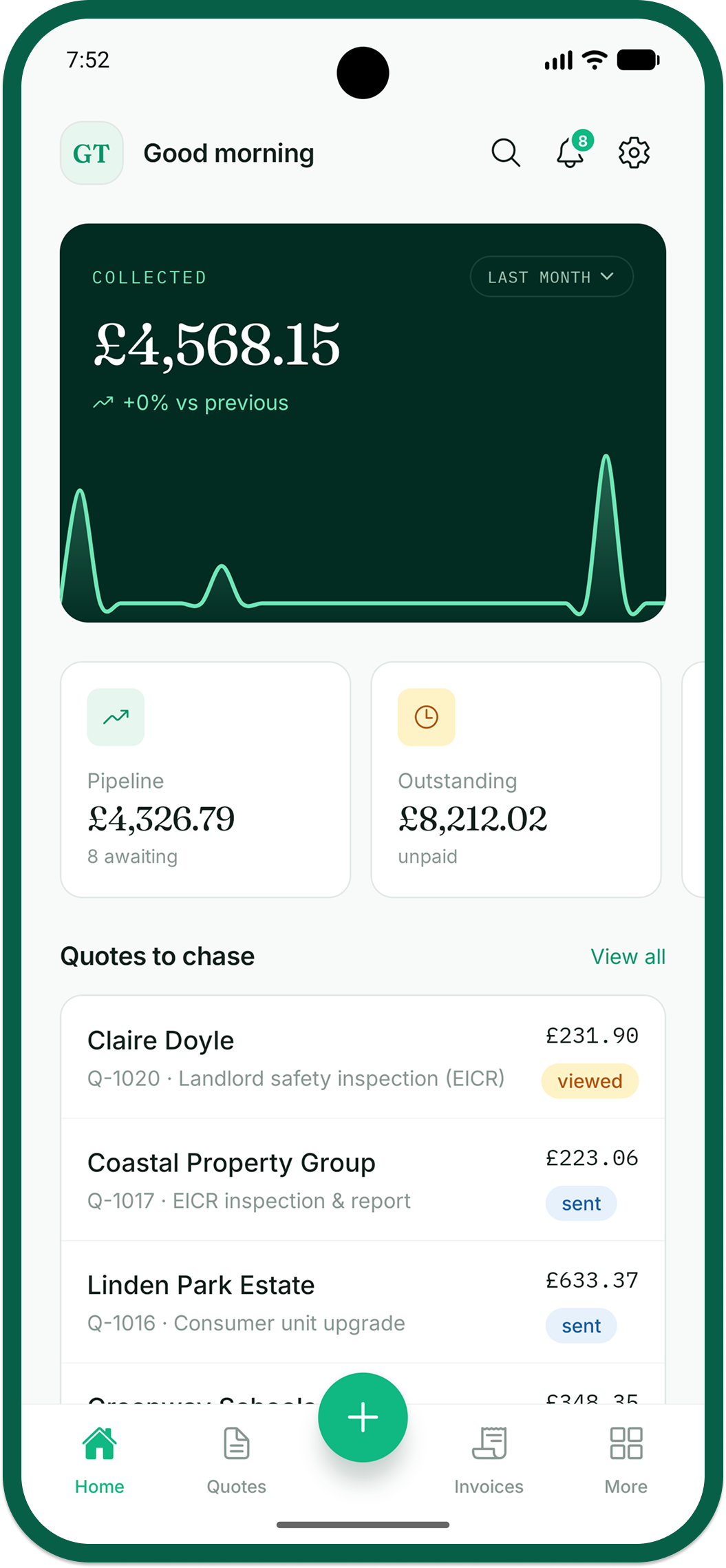The same Snapquo home screen running on Android, with the quotes to chase list open.