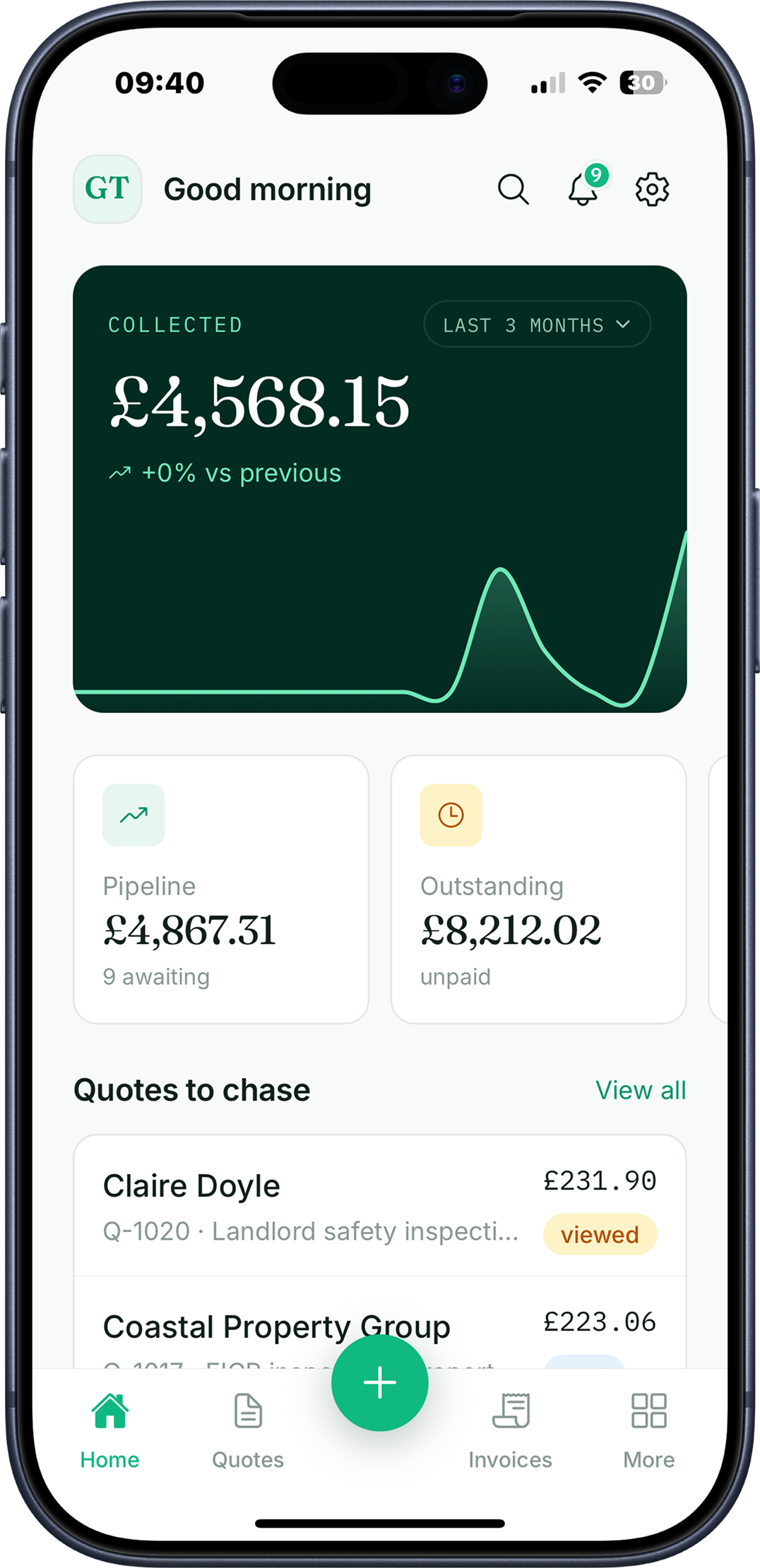 The Snapquo iPhone app on the home screen: collected this quarter, pipeline and outstanding totals, and the quotes still to chase.