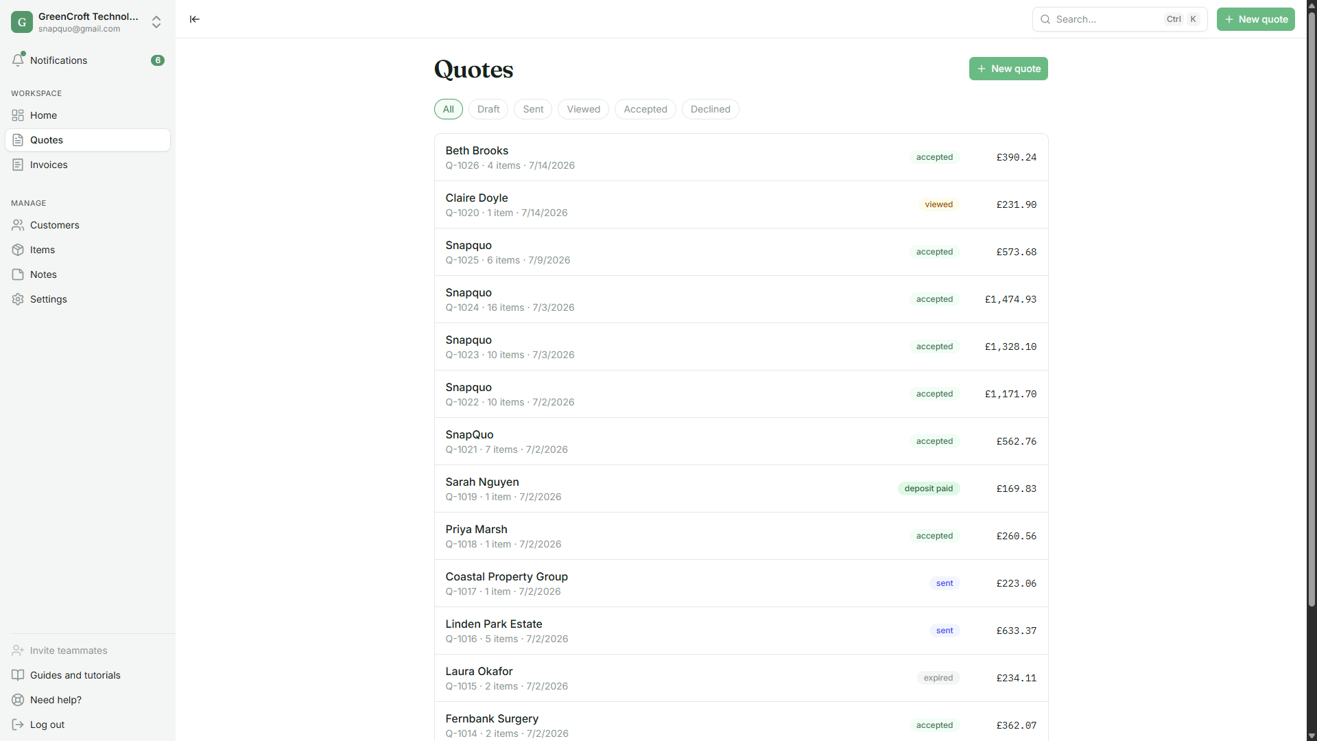 The Snapquo price book: reusable line items, each with a set price